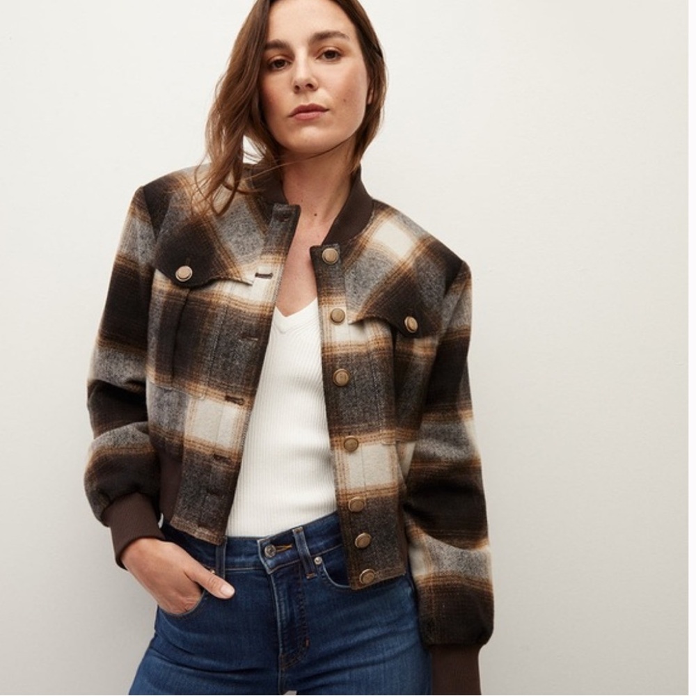 🤎Veronica Beard Stanley Bomber Jacket in Multi Color Plaid SZ 10 Elbow patches